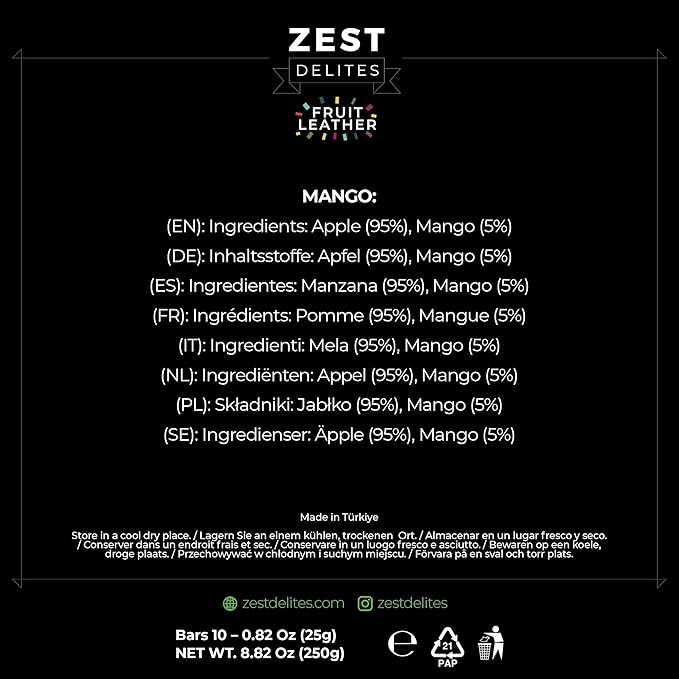 Fruit Snacks by Zest Delites, Fruit Leather, Dried Mango Bars, Healthy Snacks for Adults & Kids, No