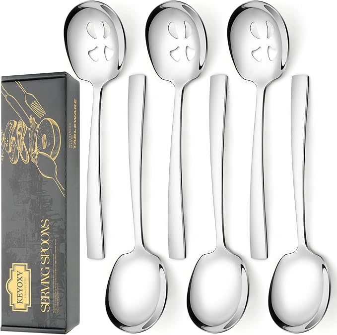 6 Piece Stainless Steel Serving Spoons Set - 3 Large, 3 Slotted, 9.2-Inch, Dishwasher Safe, for