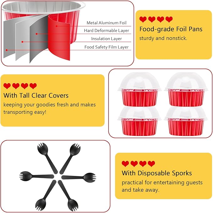 Red Cupcake Liners Muffin Tins 50 Pack,Free-Air 5oz Aluminum Foil Baking Cups with Lids,Disposable