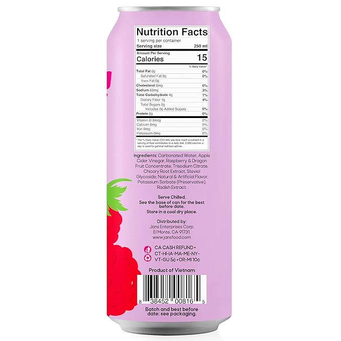 Jans Sparkling Prebiotic Soda Beverage ??Dragonfruit & Raspberry 8.4 Fl Oz (6-Pack) ??Low Calorie