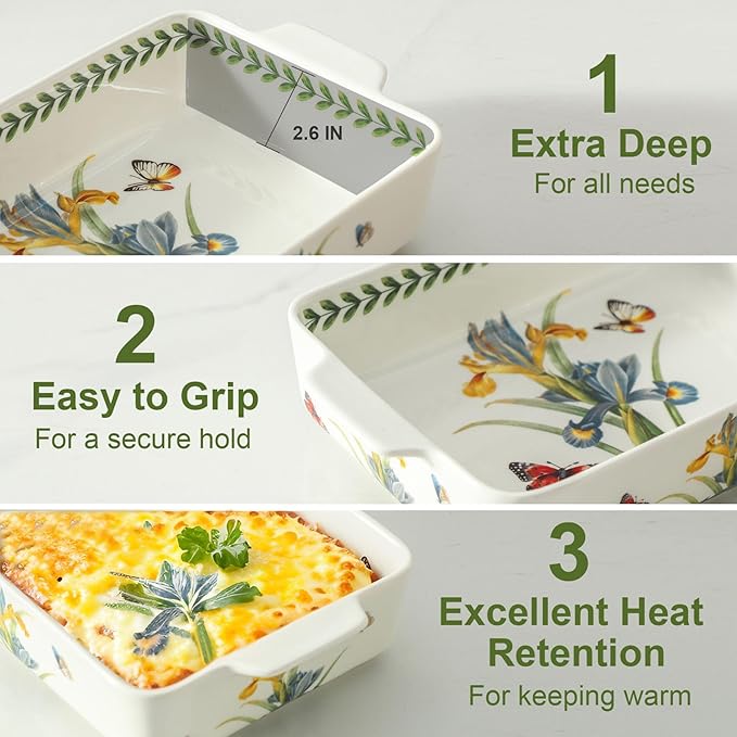 Ceramic Baking Casserole Dish with Handles, Large 8x13 inch & 6x10 inch Pan and Middle Baking Pan