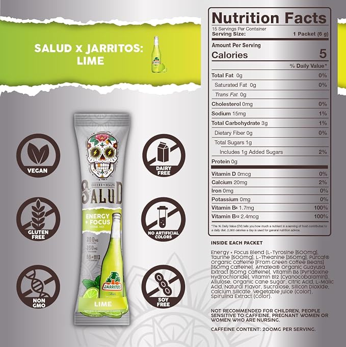 Salud x Jarritos 2-in-1 Energy Drink Powder + Focus, Lime, Organic Caffeine, B6 + B12, Theanine