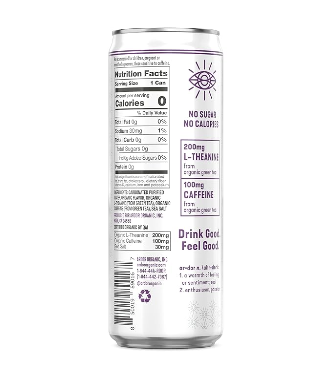ARDOR ENERGY Sparkling Water with 100mg Natural Caffeine & 200mg L-Theanine from Organic Green Tea