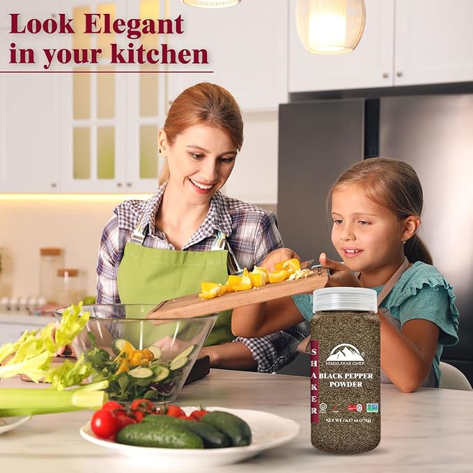 Himalayan Chef Organic Black Pepper Powder Shaker - 6.17Oz (175g), Free from Artificial Colors &