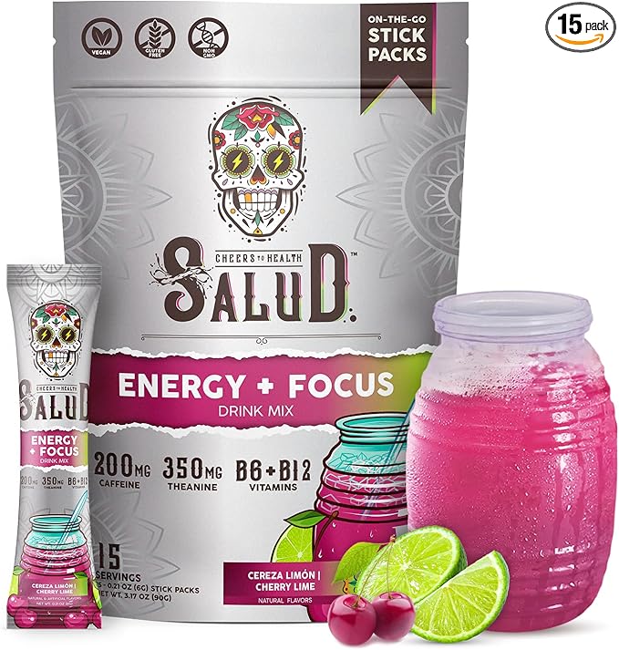 Salud 2-in-1 Energy Drink Powder + Focus, Cherry Lime, Organic Caffeine, B6 + B12, Theanine, Clean