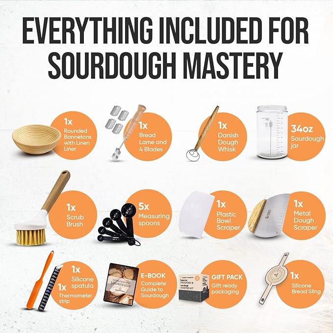 Complete Sourdough Starter Kit and Sourdough Bread Baking Supplies - Includes 9" Banneton Proofing