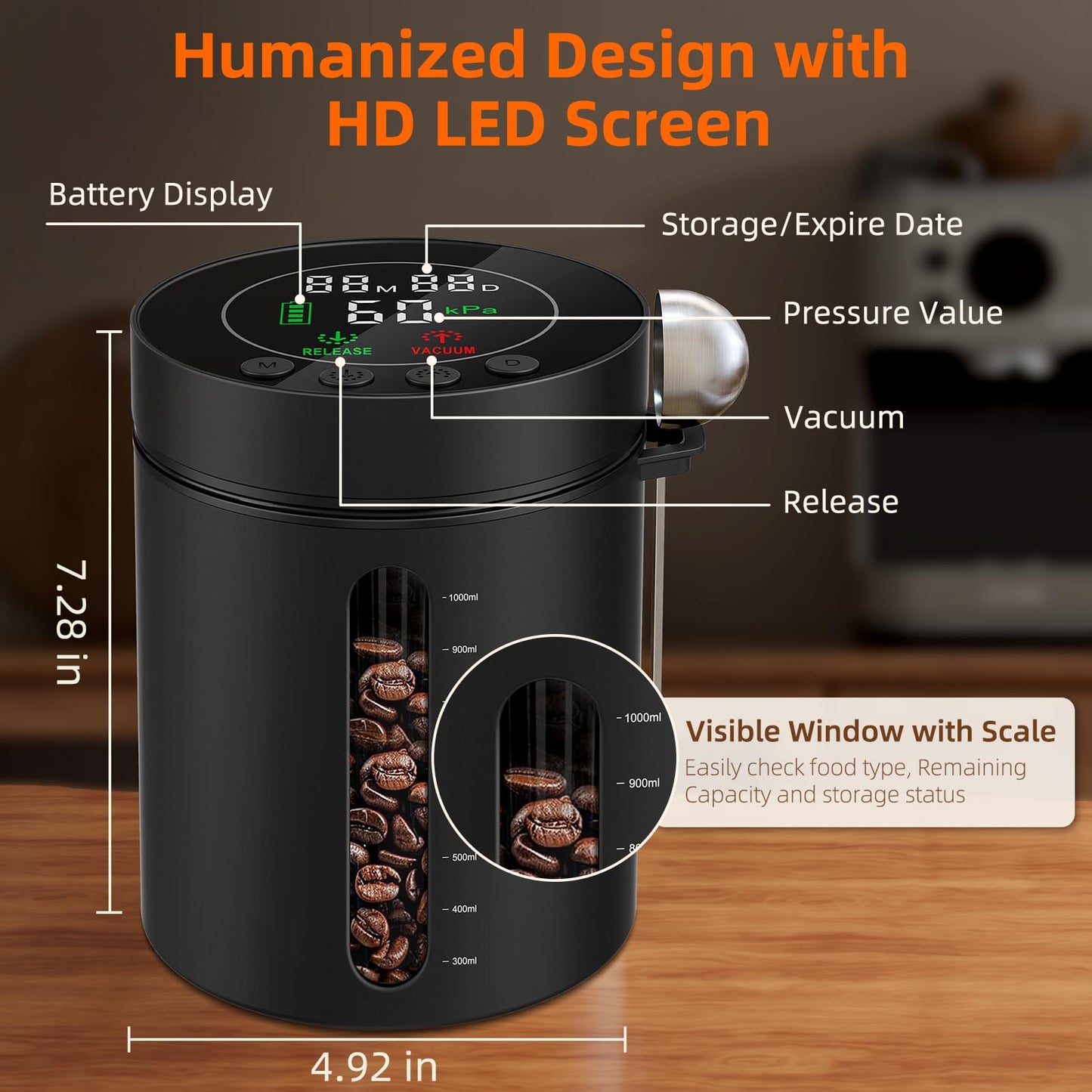 Automatic Vacuum Coffee Canister, 1.3L Coffee Container with LED Display