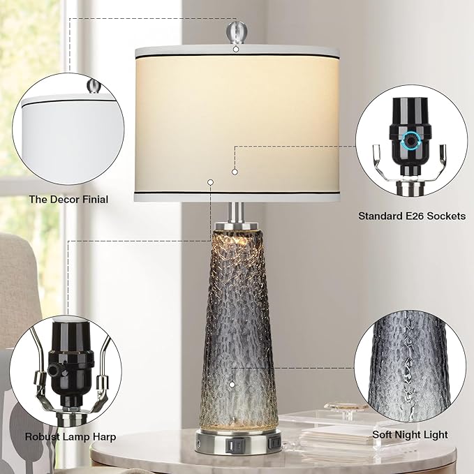 Glass Table Lamp Set of 2, 26" Modern Table Lamps with USB A+C Ports & AC Outlet, Touch Control