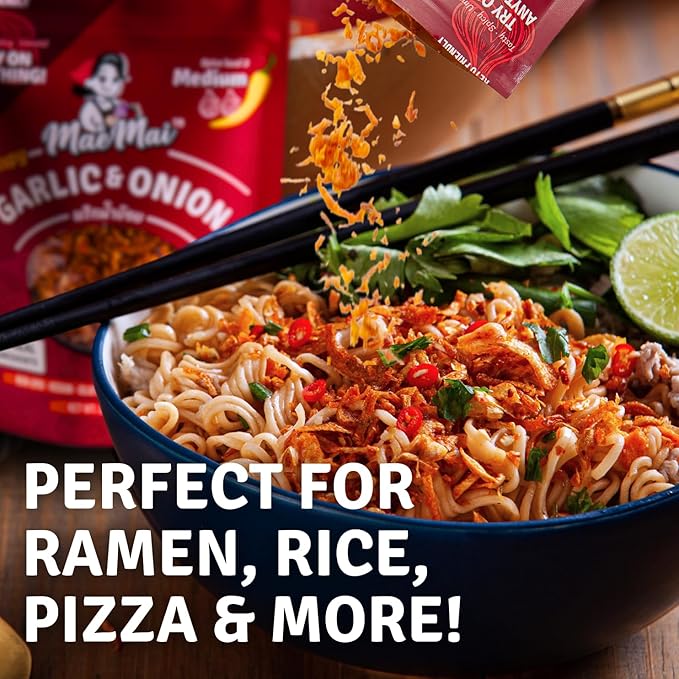 MaeMai Chili Crisp (MEDIUM HOT Spice) - Spicy Umami Onion & Garlic Flakes - All-Purpose Seasoning