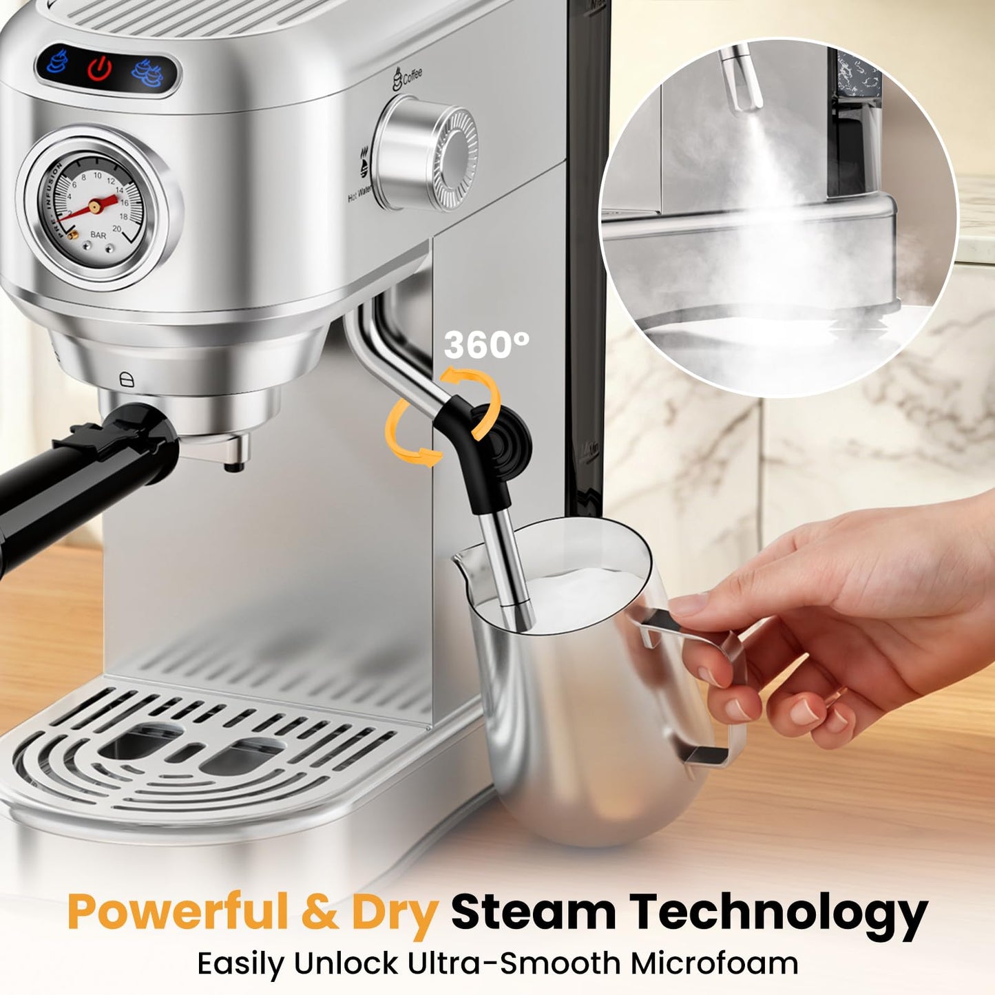 AERCANA Espresso Machine 20 Bar, Compact Espresso Coffee Machine with Milk Frother, Stainless Steel