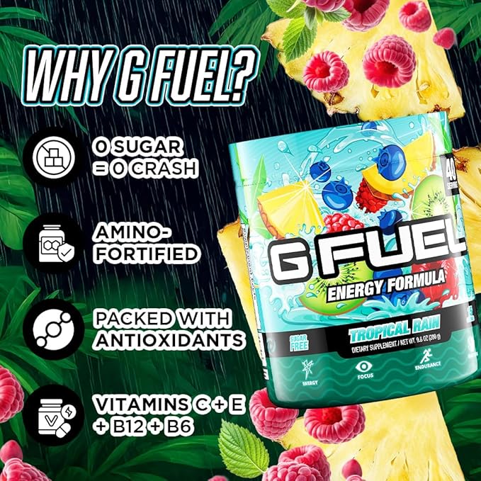 G Fuel Tropical Rain Energy Drink Powder, Pre Workout Caffeine Mix for Gaming, Sugar Free Focus