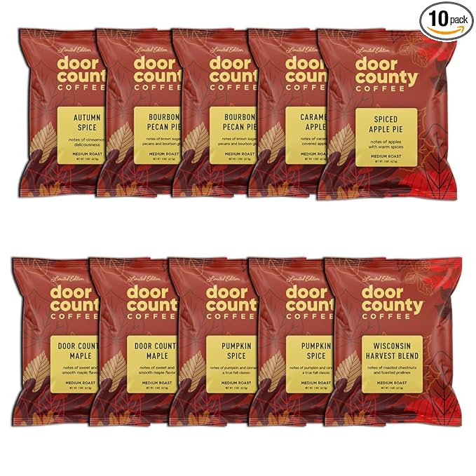 Gourmet Fall Flavored Coffee Sampler Pack - 10 Bags of Seasonal Flavored Coffees - Door County