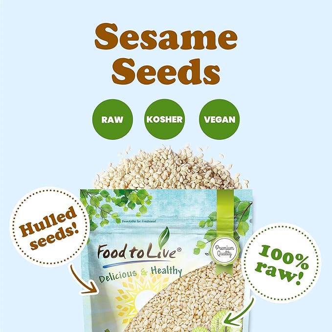 Hulled Sesame Seeds, 1 Pound — Non-GMO Verified, Whole Raw White Sesame Seeds, Kosher and Vegan