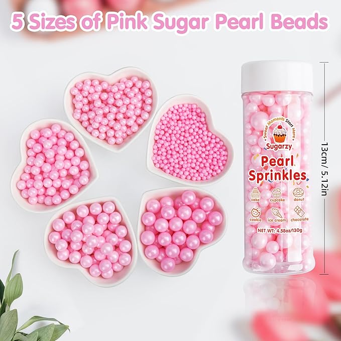 Pink Pearl Sprinkles for Cake Decorating,Edible Sugar Pearls for Baking,Mix Size,Mother's Day Cake