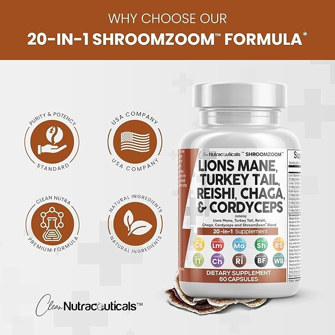 Clean Nutraceuticals Lions Mane 20in1 Mushroom Supplement with Turkey Tail Reishi Cordyceps Chaga