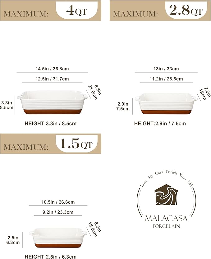 MALACASA Casserole Dishes for Oven, Ceramic Baking Dishes Set of 3, Baking Pan Casserole Dish Set