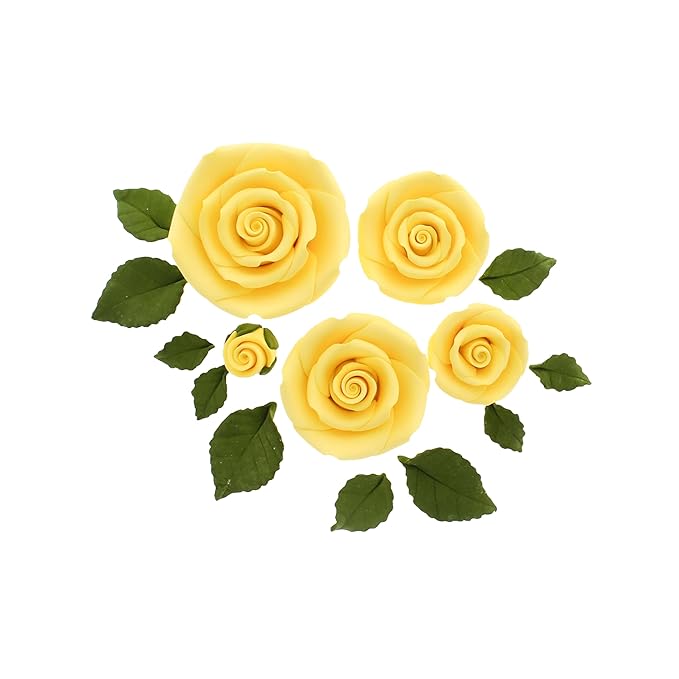 Global Sugar Art Exquisite Rose & Leaf Tray Sugar Cake Flowers, Yellow Unwired, 5 Count by Chef