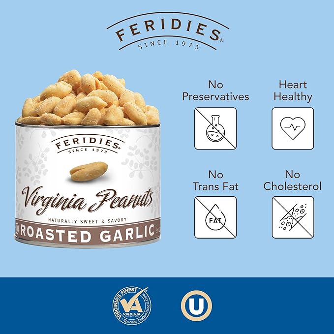 FERIDIES Roasted Garlic Virginia Peanuts Snacks Gourmet, Extra Large, 18oz Resealable Tin