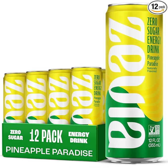 Zevia Zero Sugar Energy Drink, Pineapple Paradise, 12 oz Cans (12-Pack) – Naturally Sweetened