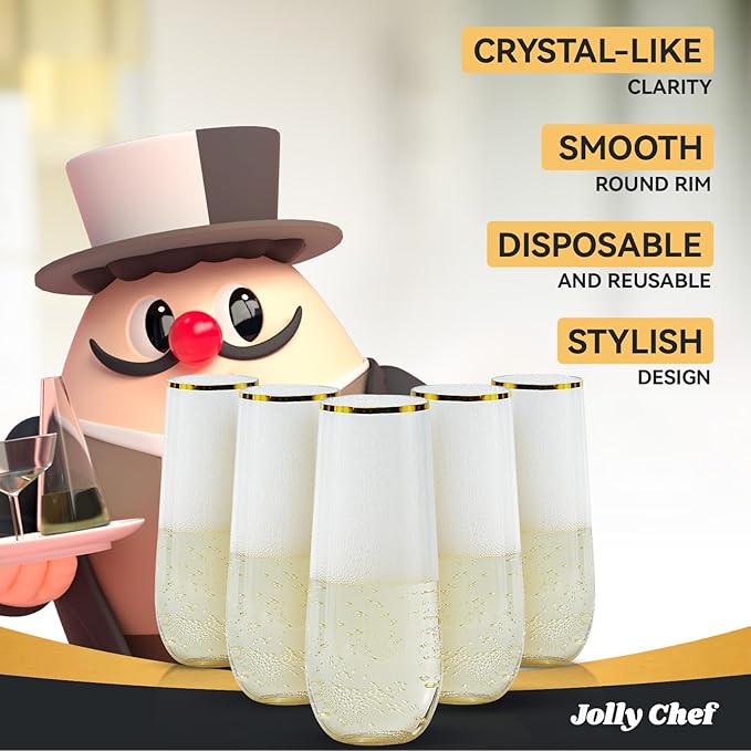 JOLLY CHEF 24 Pack Stemless Plastic Champagne Flutes Disposable 9 Oz Gold Rim Clear Plastic