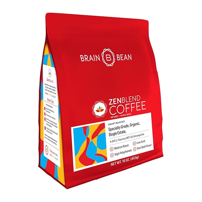 Brain Bean Zen-Blend Organic Coffee Whole Bean with Caprylic Acid MCT (C-8), A-GPC, L-Theanine &