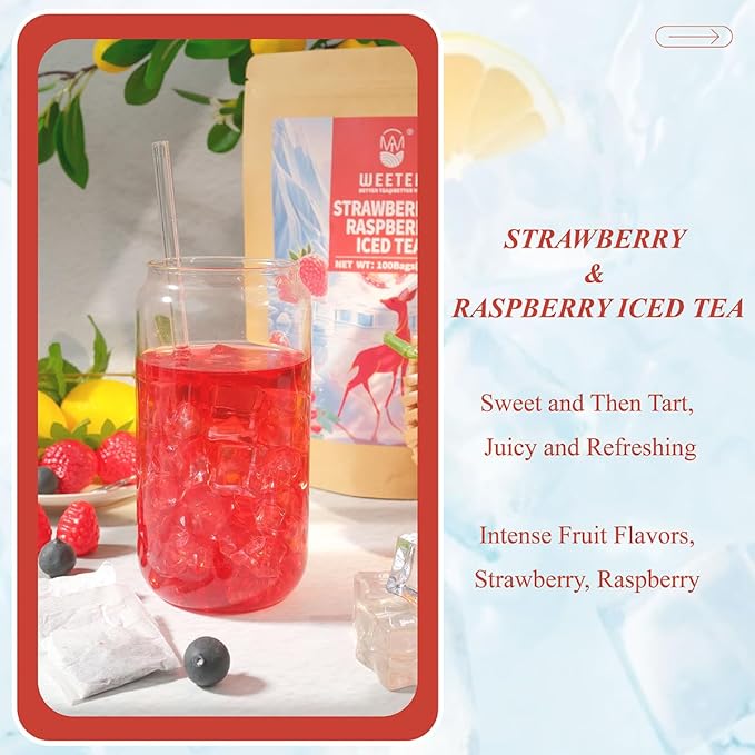 WT WEETEE Strawberry & Raspberry Herbal Iced Tea, 100 Count Cold Brew Hibiscus Iced Tea Bags, Rich