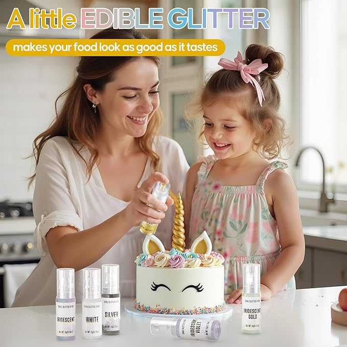 Edible Glitter Spray,2 Colors Gold & Iridescent Food Grade Edible Glitter Set for Drink Cake