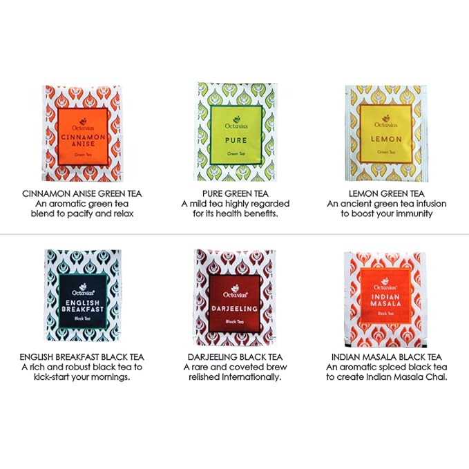 Octavius Gift's Select - Assorted Tea in Leafcut Design Wooden Box | 6 Flavors, 60 Tea Bags | Black