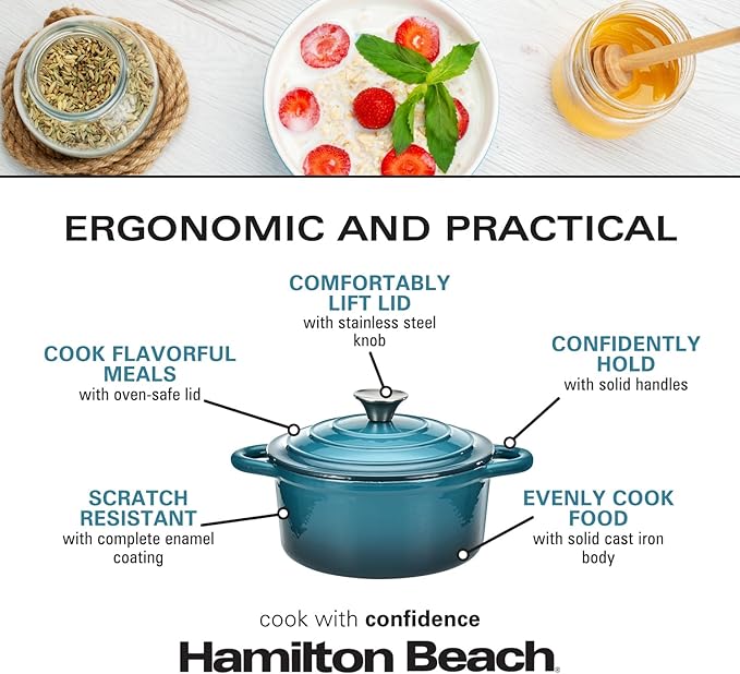 Hamilton Beach 3-Quart Enameled Cast Iron Dutch Oven, Navy with Cream Interior | Even Heat