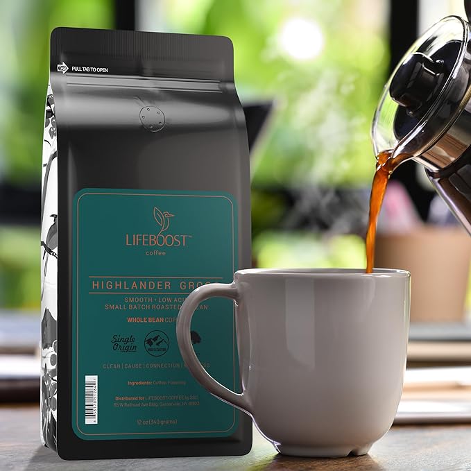 Lifeboost Highlander Grogg Whole Bean Coffee - Non-GMO Low Acid Single Origin Flavored Coffee Beans