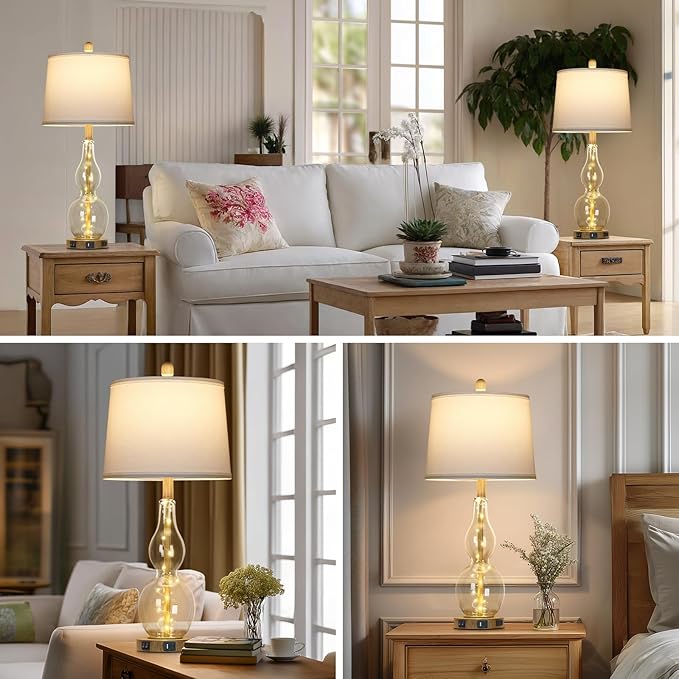 27.5" Clear Glass Table Lamp Set of 2 with Night Light,Bedside Lamps with USB Ports and AC Outlet