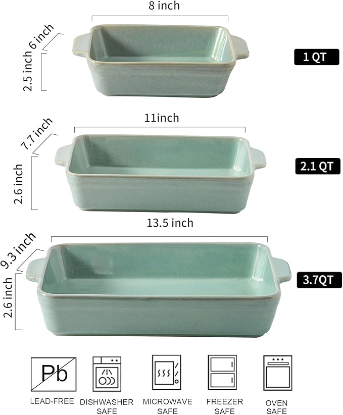 HVH 9x13 Baking Dish Set, Large Casserole Dishes for Oven, Ceramic Bakeware Set of 3, Rectangular