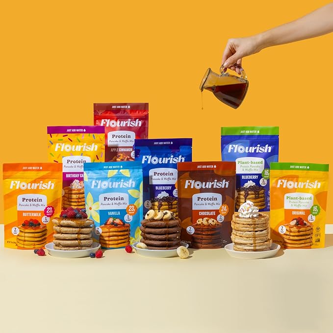 Flourish Protein Pancake & Waffle Mix, with Whey Protein & Flax Seed, No Added Sugar, High in