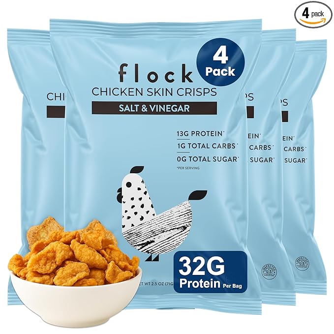 Flock Keto Chicken Skin Chips | Salt and Vinegar Flavor | Low Carb, High Protein, Sugar Free