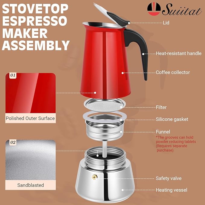 Moka Pot, 6 Cups (10.6 oz) Stovetop Espresso Maker, 304 Stainless Steel Moka Pot, Induction