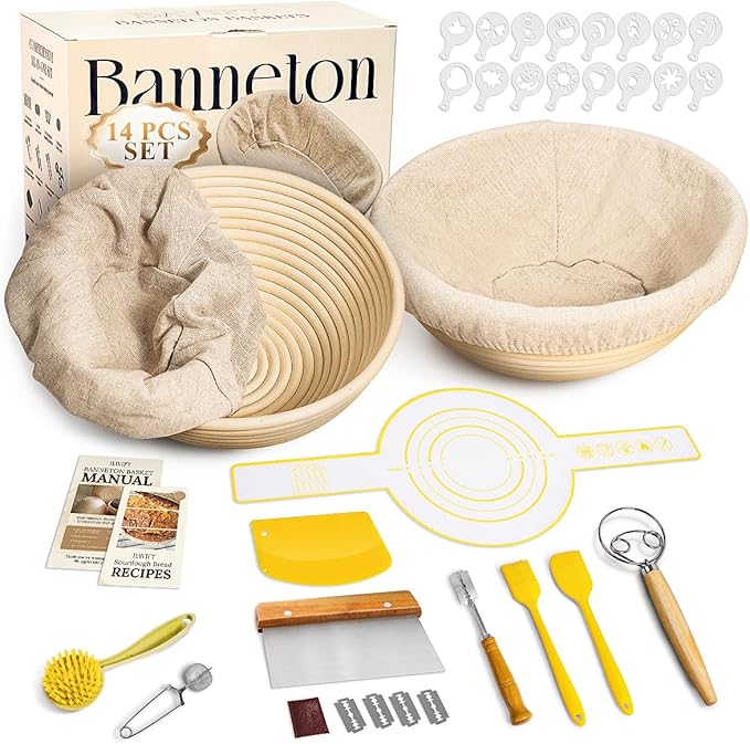 Sourdough Starter Kit, Sourdough Bread Baking Supplies with 2 Pcs 9" Round Banneton Bread Proofing