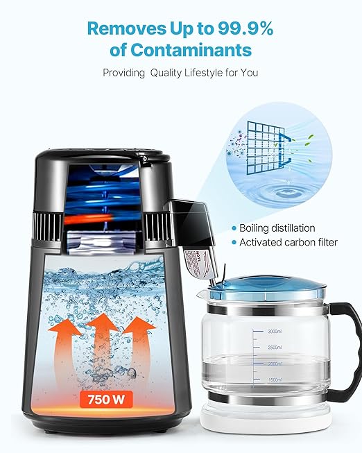 VEVOR Water Distiller, 4L 1.1 Gallon Pure Water Purifier Filter for Home Table Countertop, 750W