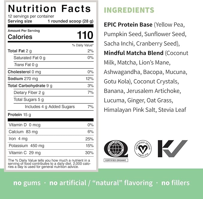 Sprout Living Epic Protein, Plant Based Protein & Superfoods Powder, Mindful Matcha | 17 Grams