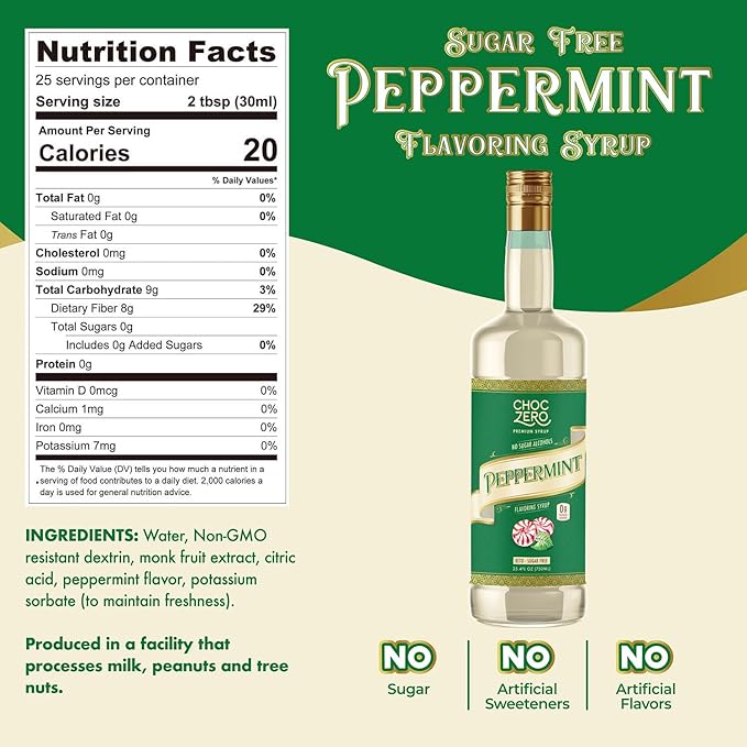 ChocZero Sugar Free Peppermint Syrup for Coffee - Keto Flavoring Syrups - Low Calorie Simple Syrup