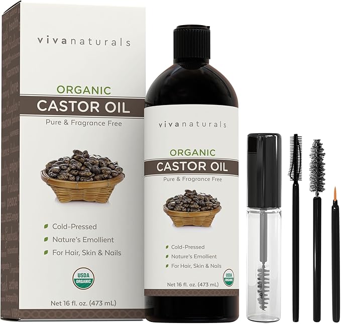 Viva Naturals Cold pressed Organic Castor Oil 16 fl oz - Castor Oil for Face, Eyelashes