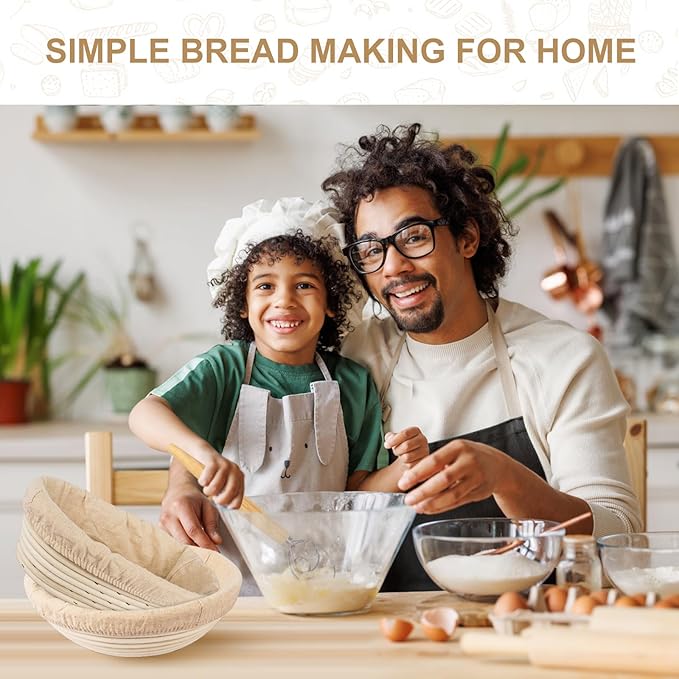 TNELTUEB Bread Proofing Basket Set, Incl 10'' Round & 9.6'' Oval Rattan Banneton, Dough Whisk