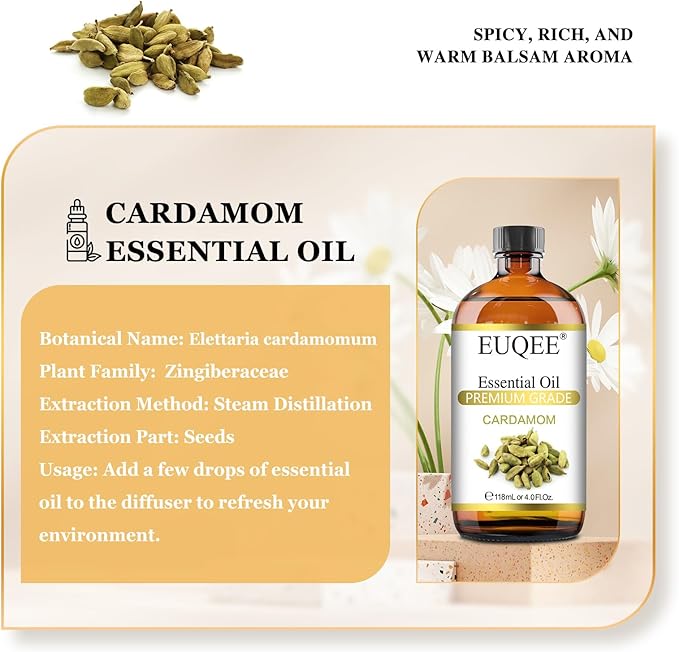 Cardamon Essential Oil 118 ml Large Bottle Premium Cardamon Oil with Glass Dropper, Great for