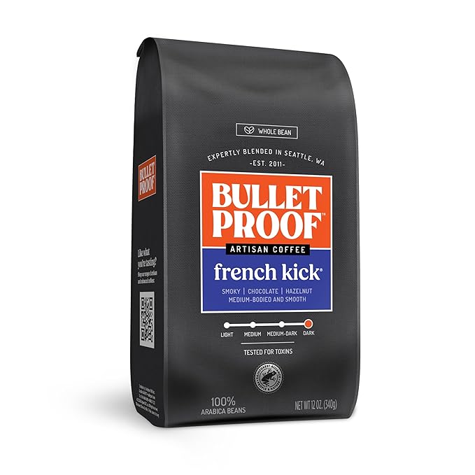 Bulletproof French Kick Dark Roast Whole Bean Coffee, 12 Ounces, Clean Coffee Tested for Toxins