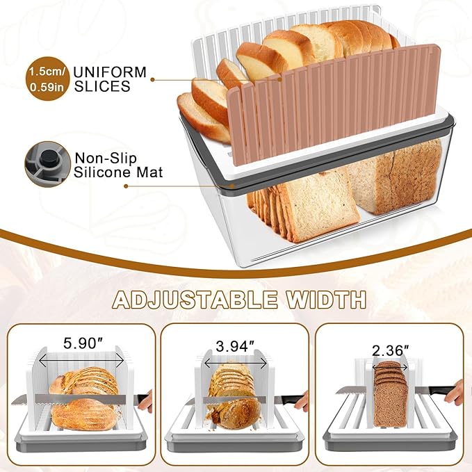 Upgrade Bread Slicer for Homemade Bread with Bread Box, Bread Slicing Guide Adjustable Width