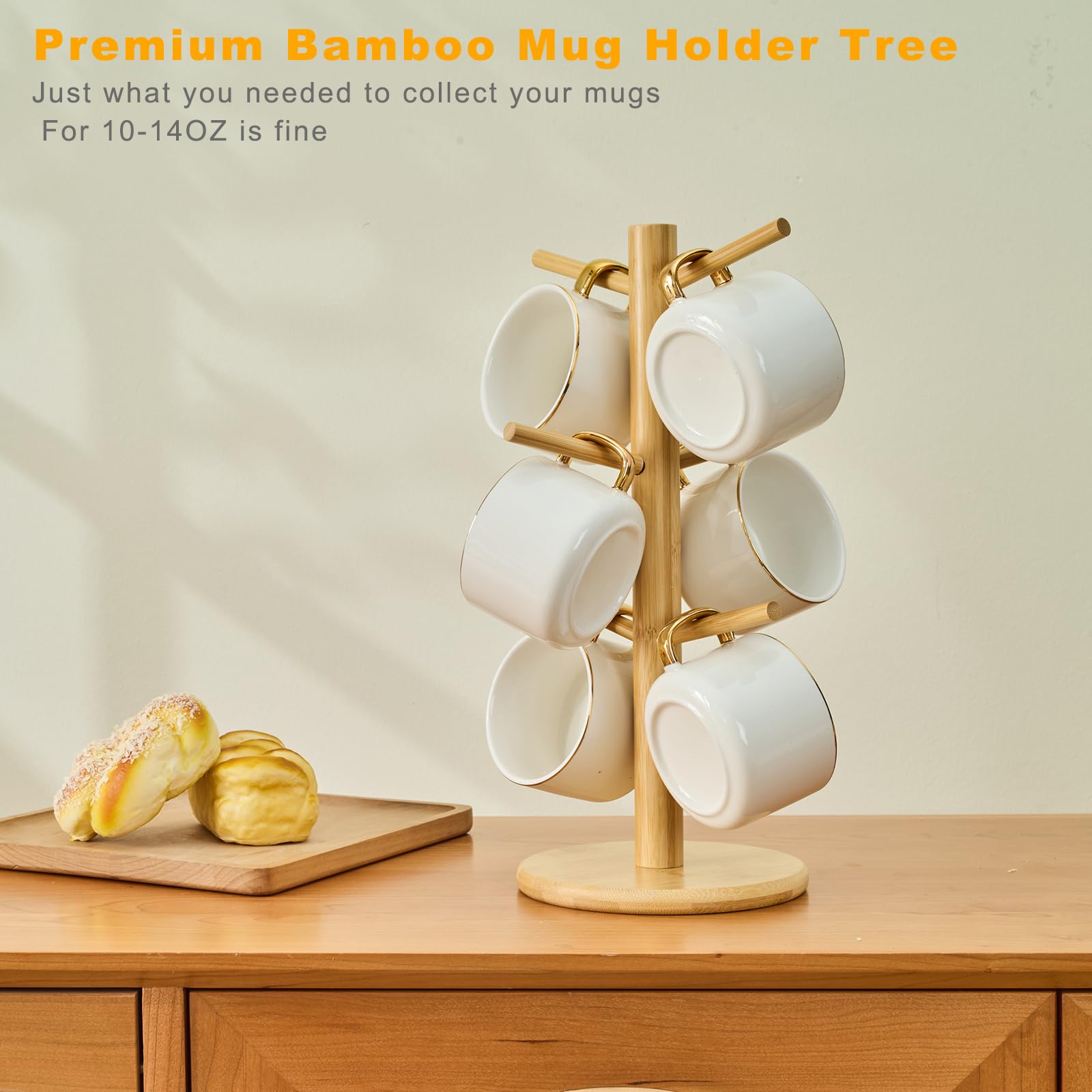 Kelduemi Bamboo Mug Tree for Counter, 6 Hooks Detachable Coffee Mug Holder, Decorative Mug Racks