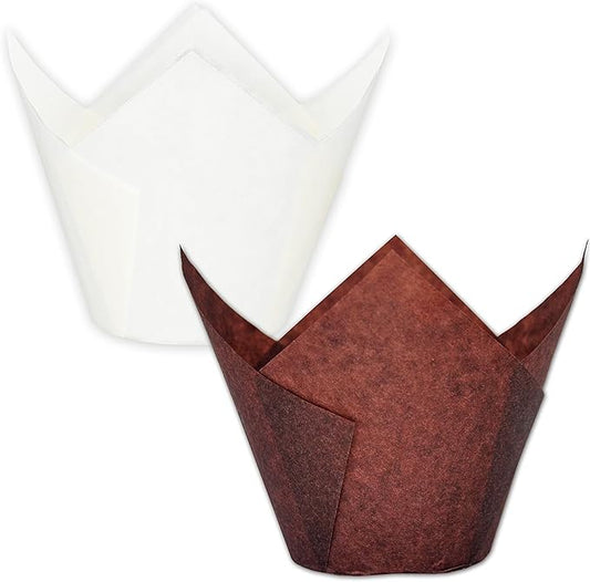(Jumbo Extra Large size) Brown+White Tulip Baking Cups 2-1/4"(Base diameter) x 3-3/4"(Wall height)