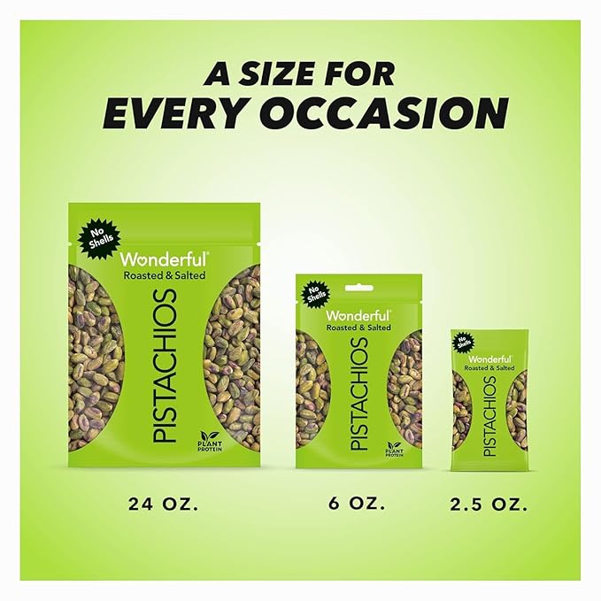 Wonderful Pistachios No Shells, Roasted and salted Nuts, 2.5 Ounce Bag (Pack of 8), Protein Snack