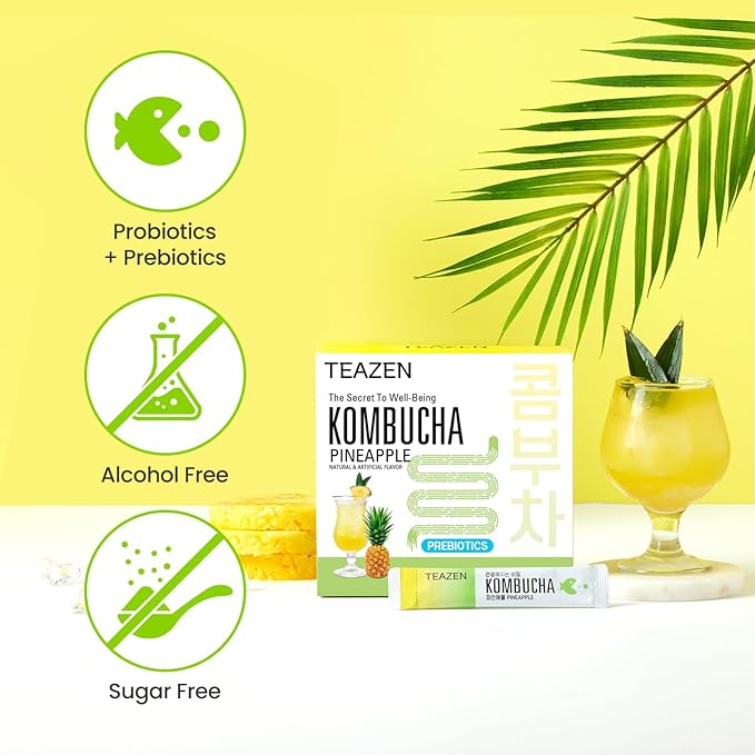 TEAZEN Pineapple Kombucha Tea, Hydration Drink Mix, Sugar Free, Live Probiotics & Prebiotics, 30