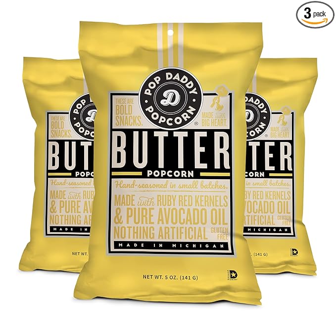 Pop Daddy Flavored Popcorn Gourmet, Butter Flavor Popped Popcorn, Hand Seasoned Ruby Red Kernels
