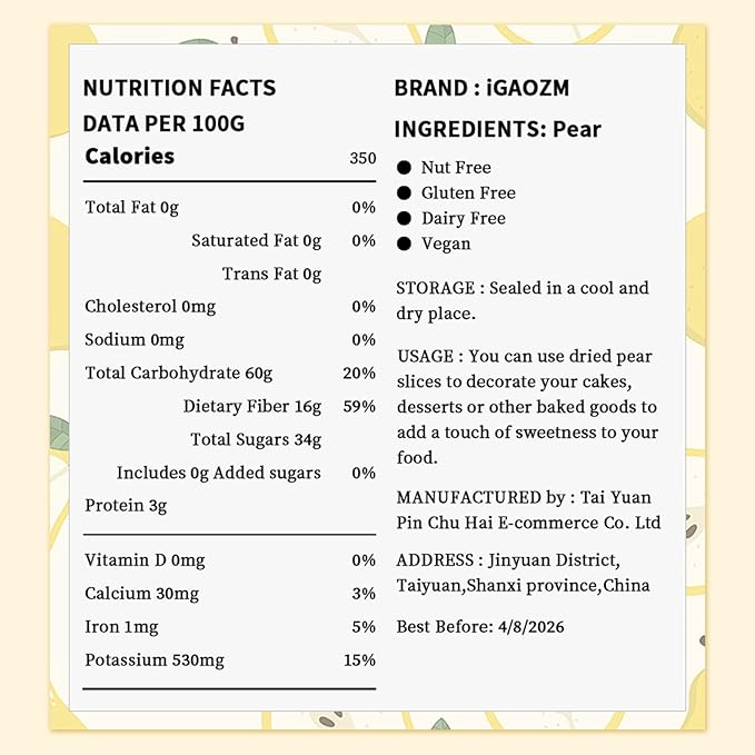 iGAOZM Dehydrated Dried Pears Slices,7.02oz/200g,Dehydrated Pear Fruit Slices,No Sugar Added,Dry
